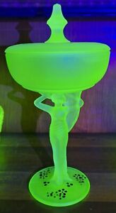 1930s LE Smith Carrie Uranium Glass Powder Jar Comport Candy Dish Figural Lady