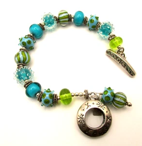 Hippykitty Lampwork grün & blau Perlen Armband Sterlingsilber Knebelverschluss - Bild 1 von 12