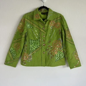Julia Kim Vintage Y2K Patchwork Sequined Lime Green Button Up Denim Jacket Small - Picture 1 of 8