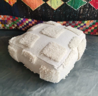 Moroccan Handmade Pouf Berber White Beni Rug Floor Cushion Ottoman Footstool - Image 1 of 4