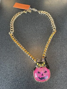 Betsey Johnson Halloween Pink Pumpkin Black Cat Necklace Jewelry - Picture 1 of 6