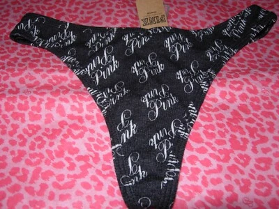 Victoria's Secret PINK Thong String V-Cut Ribbed Pure Black Script Rare NWT - Image 1 of 3