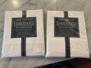 Embroidered Scalloped Trim Pillowcases, King, White, New - Picture 1 of 5