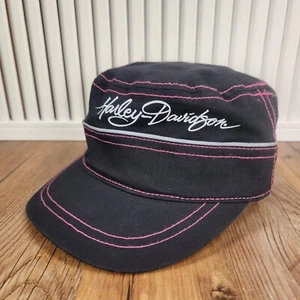 Harley-Davidson Pink Label Flat Top Cadet Hat Cap Strapback Black Biker Womens - Picture 1 of 10