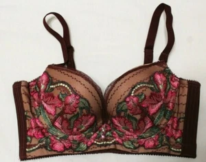 Beige/rotbraun bestickter Bügel Push-up BH mit Schmuckdetail - Gr. 70A Frankreich - Bild 1 von 5
