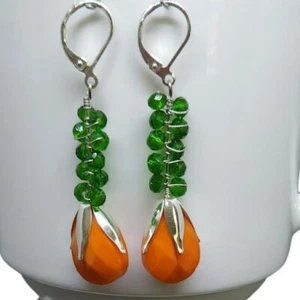 Green & Orange Dangle Earrings ,Beaded Autumn Jewelry, Fall Jewelry Accessory - Picture 1 of 1