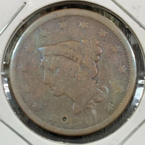 1840 Large Cent (G) ~ Braided Hair ~ 1 Penny/Cent ~ Pitted Copper U.S. Coin Cover