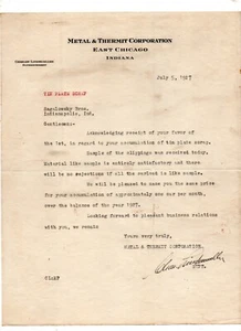 Metal & Thermit Corp Indiana 1927 letter SIGNED metallurgist Charles Lindmueller - Picture 1 of 4