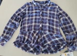 Democracy Button Up Shirt Womens SMALL Long Sleeve Top Blue White Plaid frayed - Picture 1 of 13