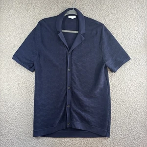Reiss Polo Shirt Men Large Navy Blue Button Up Cuban Collar Short Sleeve Lunar - Picture 1 of 9
