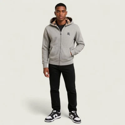 Burberry Relaxed Fit Check Hood Cotton Zip Hoodie Designer Preppy Luxury - Mens - Image 1 of 4