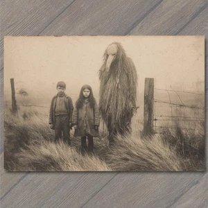 Art Print Creepy Kids Straw Bird Creature Haunted Fence Foggy Field Weird Eerie - Picture 1 of 1