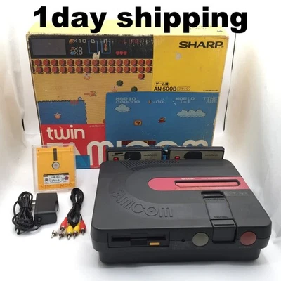 Sharp Twin Famicom Console System Black New Belt AN-500B Box Japanese Tested - Image 1 of 4