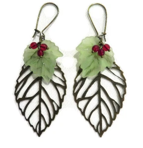 Women's Antiqued Bronze Leaf Berries Red Brass Drop Festive Costume Earrings - Picture 1 of 5