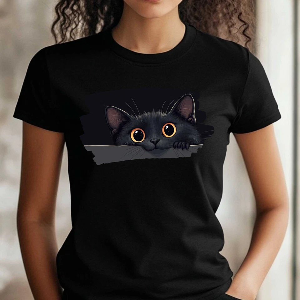 T-Shirt Frauen Spähende Katze Motiv Baumwolle Größe XS bis 3XL - Bild 1 von 1