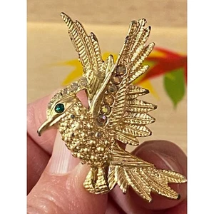 Goldfarbene Strass Vogel Brosche Anstecknadel Vogel grünes Auge Figur Schmuck - Bild 1 von 7