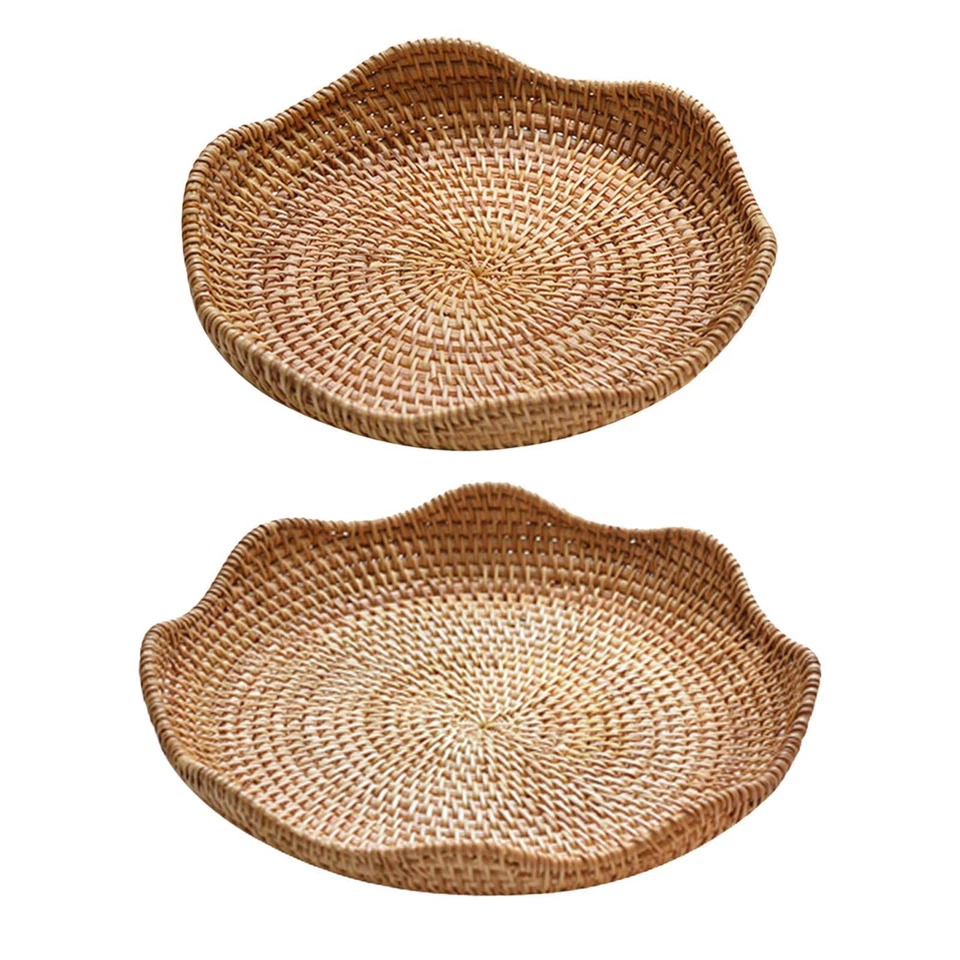 Rattan Round Serving Tray Fruit Basket Hand Woven Container Wicker Tray for - Image 1 of 1