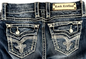 Gorgeous WOMENS Rock Revival KAI Crystal Flap Pockets Slim Boot Jeans 25x31 - Picture 1 of 10