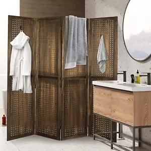 4 Panel Wood Room Dividers 67'' H Pegboard Display Folding Privacy Screens Brown - Picture 1 of 8