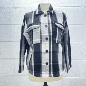 BOOHOO BLACK GREY CHECKERED SHACKET JACKET SHIRT WOOLY BUTTON THICK Y2K UK 10 - Picture 1 of 6