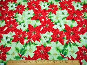 Christmas Fabric By Yard Red Poinsettia Met Gold Wht Snow Lt Green Cotton #21 #C - Picture 1 of 2