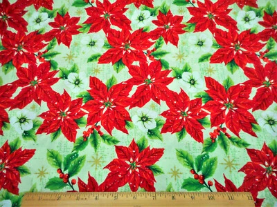 Christmas Fabric By Yard Red Poinsettia Met Gold Wht Snow Lt Green Cotton #21 #C - Image 1 of 2
