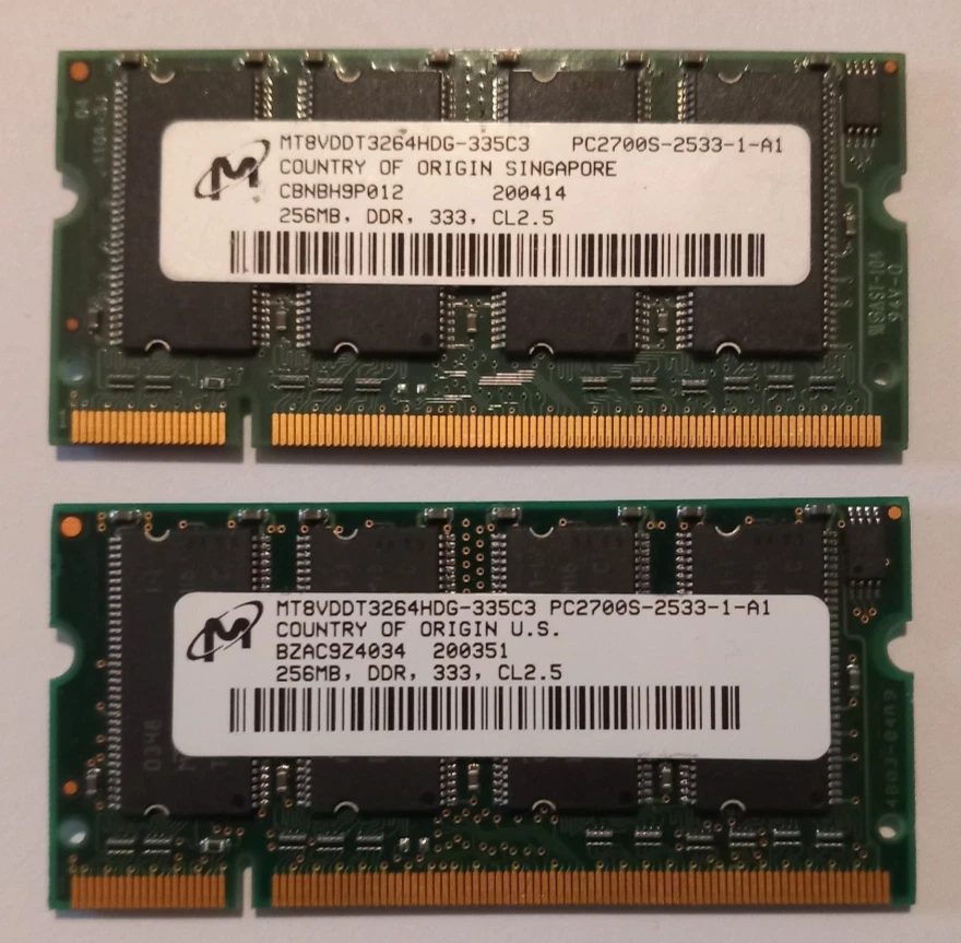RAM DDR1 2x 256 Mb - DDR PC2700S CL 2.5 333 MHz Micron MT8VDDT3264HDG-335C3 - Photo 1/1