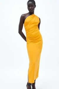 NWT ZARA Yellow Asymmetric One Shoulder Ruched Midi Dress SIZE MEDIUM - Picture 1 of 16