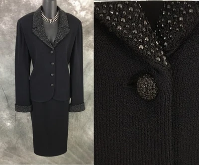 HERMOSA Chaqueta St John Punto Noche Negro Estrás Embellecido Blazer 10 Foto 1 de 4