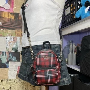Red Plaid GUESS Mini Backpack Crossbody - Picture 1 of 9