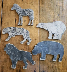 Vintage 2-Sided Flat Wooden Animals Lion Tiger Hippo Zebra Polar Bear Wood Toys - Picture 1 of 18