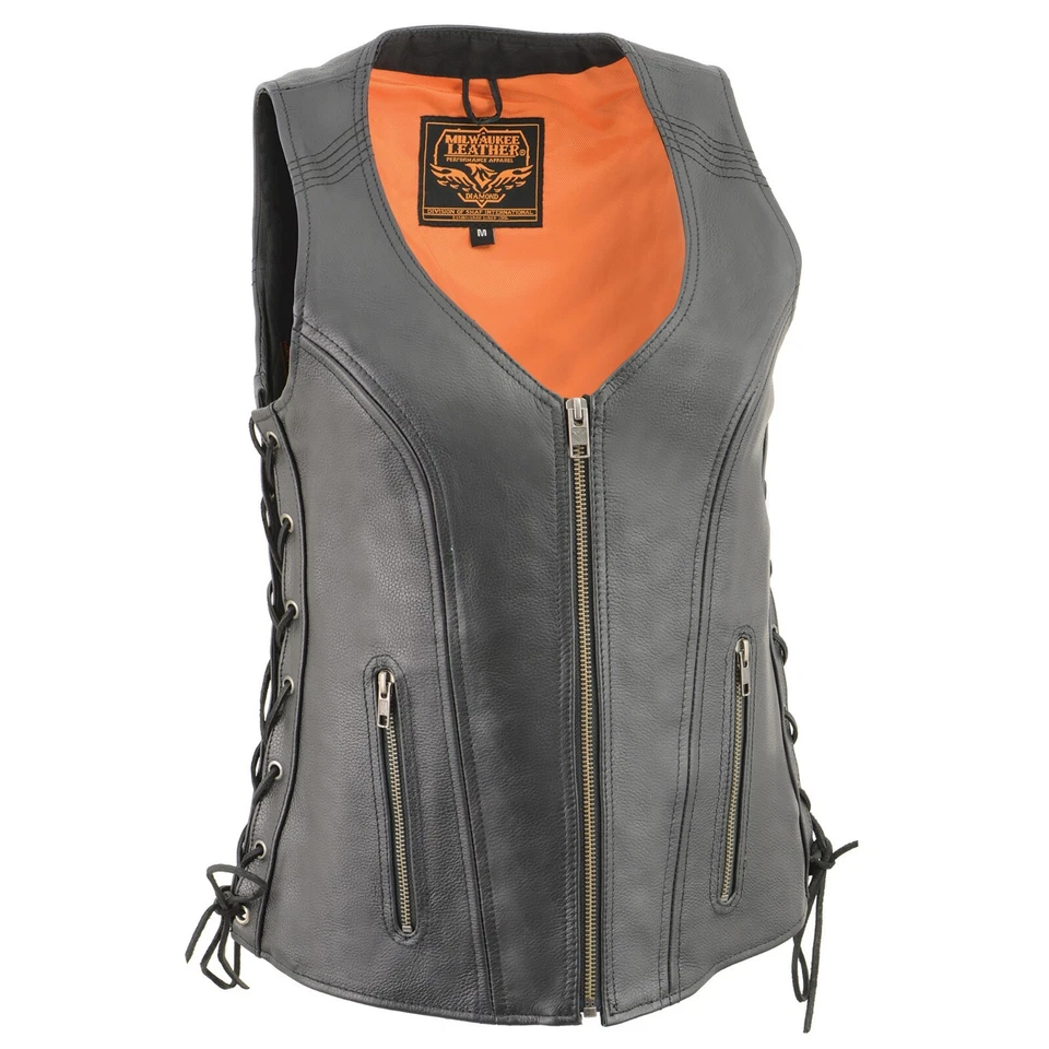 Womens Side Lace Black Leather Biker Vest W/ Stitch Detailing 4x