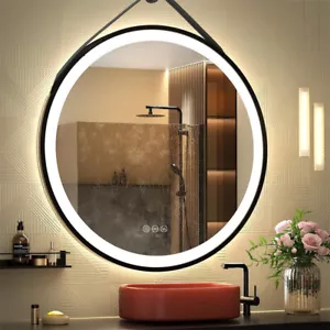 Espejo de baño LED redondo con correa marco negro colgante tocador maquillaje espejo desempañado - Imagen 1 de 21