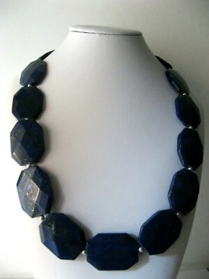Collana  in Lapislazzuli Naturale Piastre 25x35mm. ,Ch. in Argento, Lunga 61cm  - Imagen 1 de 4
