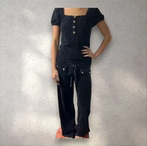 Y2K Vintage Juicy Couture Sz Small Velour Jumpsuit Wide Leg Gold Buttons EUC - Picture 1 of 12