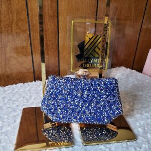 Beaded Sequin Luxury) Clutch Purse Evening Bag, Satin Formal Handbag, Fancy Blue