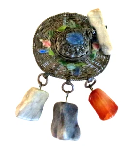 Rare Antique China Export Guilloche Enamel Dangle Gemstones Hat Fur Clip Signed - Picture 1 of 9