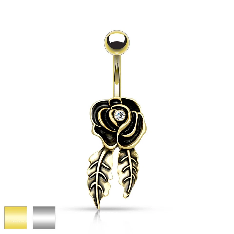 Flower Belly Bar Gold Tone Clear Crystal Navel Ring - Image 1 of 1