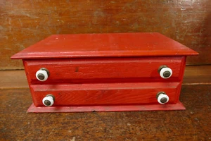 Antique Primitive Old Wood 2 Drawer Spool Need Watch Parts Cabinet Red Paint 13” - Picture 1 of 13