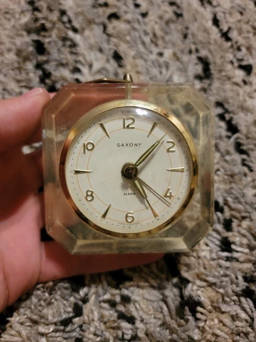 Vintage Saxony Alarm Clock Desk Clock Clear Made In Germany *untested* Cover