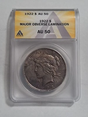 1922 Peace Silver Dollar Mint Error  Major Obverse Lamination AU50 Anacs - Image 1 of 4