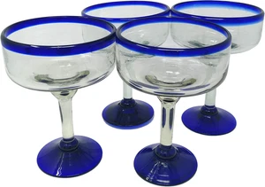 Mexican Hand Blown Glass - Set of 4 Hand Blown Margarita Glasses - Cobalt Blue R - Picture 1 of 12