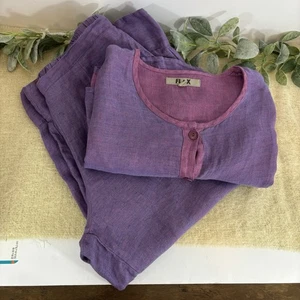 Flachs 2-teiliges Set lila Damen klein Leinen Oversize Tunika Crop Hose - Bild 1 von 10