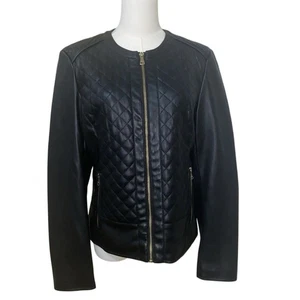 Cole Haan Black Collarless Quilted Faux Leather Jacket Size Medium - Picture 1 of 12