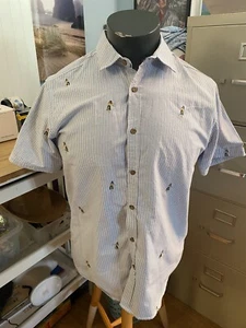 Preowned "Free Planet" Mens Large Hula Girl Print Button Down Shirt Blue/ White - Picture 1 of 6