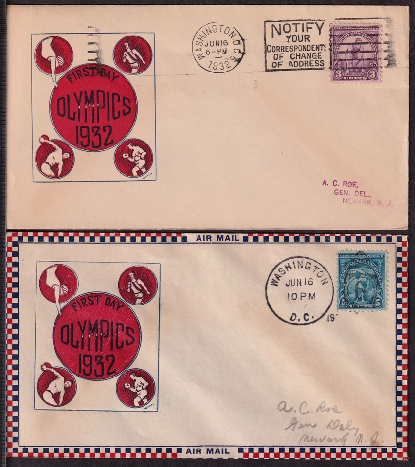 1932 Los Angeles OLYMPICS Sc 718-3 719-3 A. C. Roessler cachets set of 2 - Image 1 of 1