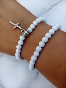 CROSS charm bracelet SET Tibetan silver white Bead Stretch Stacking Friendship - Picture 1 of 2