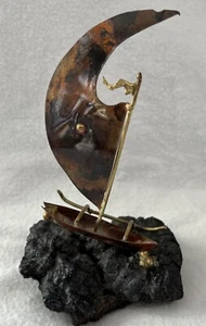 Copper Brass Bronze Sail Boat A Sail In Shape Of Moon Beautifully Done Piece - Picture 1 of 12