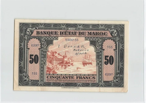 MOROCCO 50 Francs 1943, P-26 WWII Issue, Gigantic Banknote, Original VF+.   A2 Cover