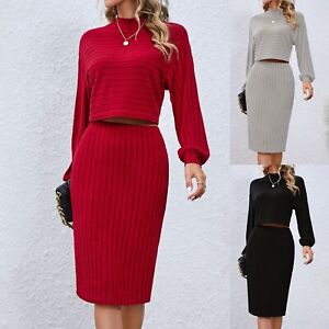 Women's Solid Color Ribbed Long Sleeve Top and Bodycon Skirt Set
